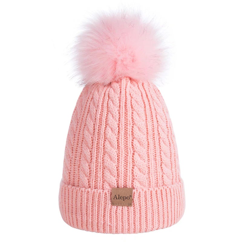 Alepo Kids Winter Beanie Hat, Children's Warm Fleece Lined Knit Thick Ski Cap with Pom Pom for Boys Girls (Pink) - Image 1
